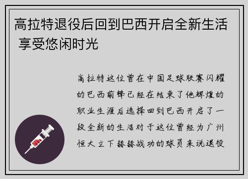 高拉特退役后回到巴西开启全新生活 享受悠闲时光 高拉特退役后回到巴西开启全新生活 享受悠闲时光